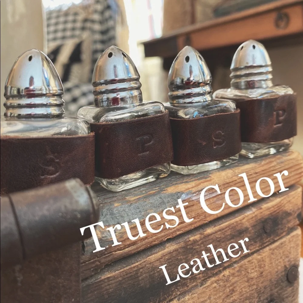 Mini Glass Salt & Pepper Shakers Set | Hand-Wrapped Rustic Italian Leather